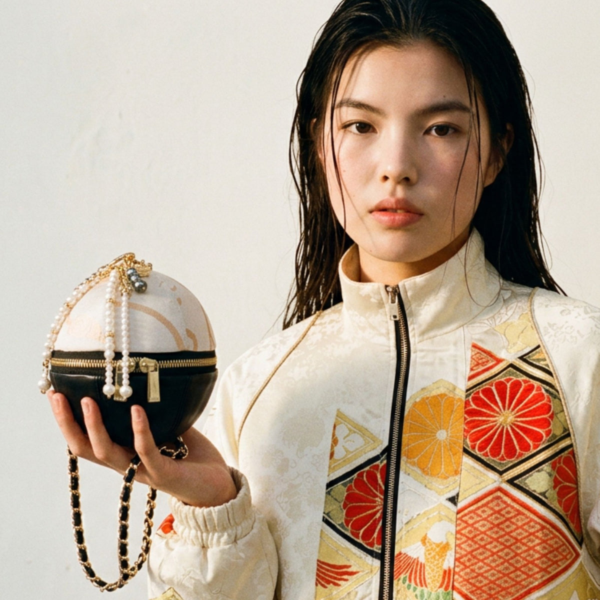 「花唐草文様」ヴィンテージ帯と本革の Mari Bag