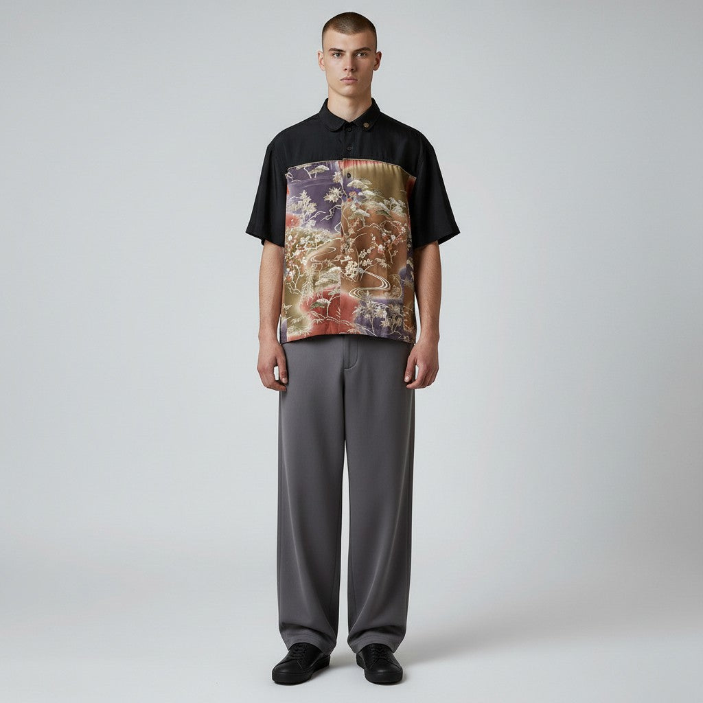 黒羽二重と紫刺繍訪問着のシルクシャツ