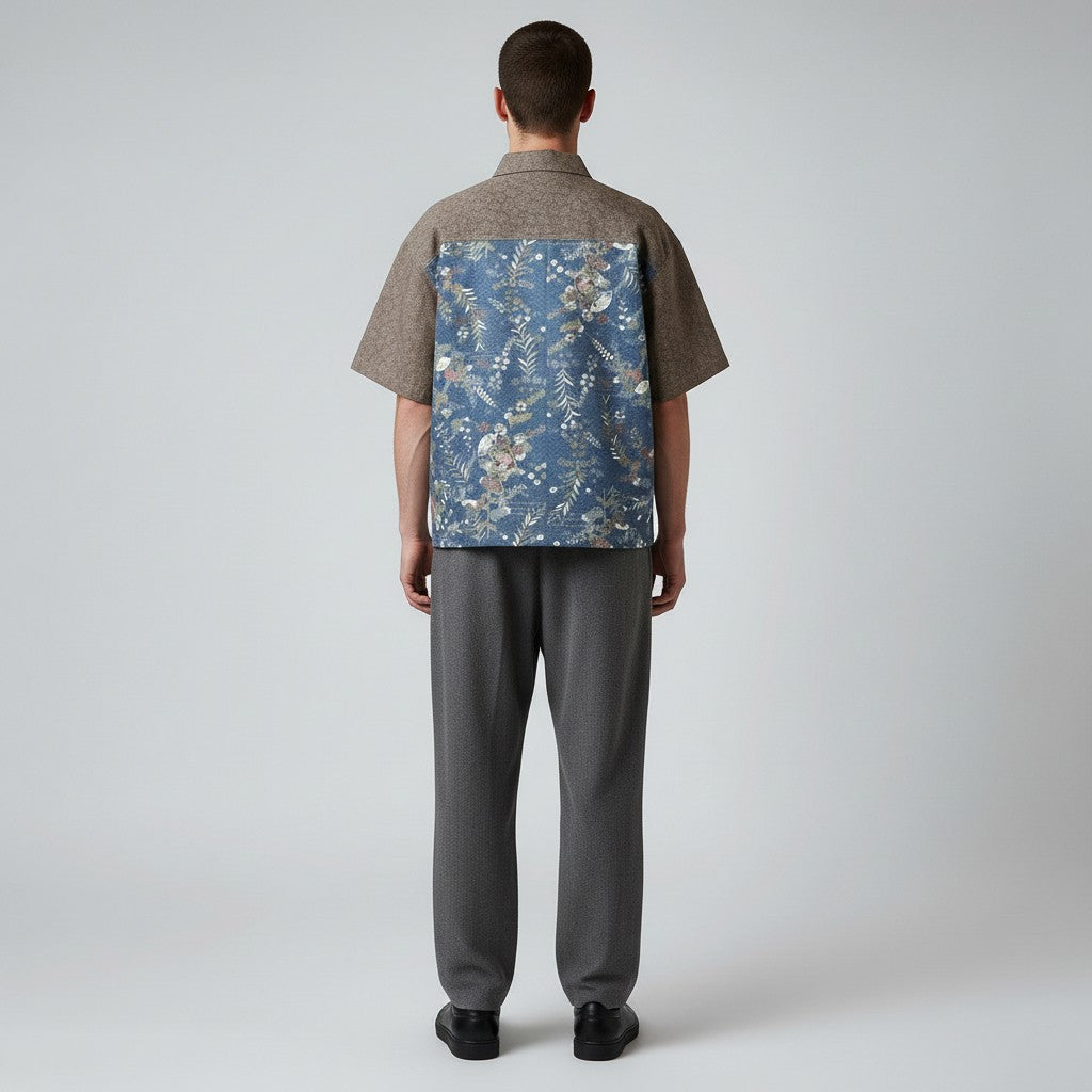 藍色小紋と上品な茶生地の正絹シャツ