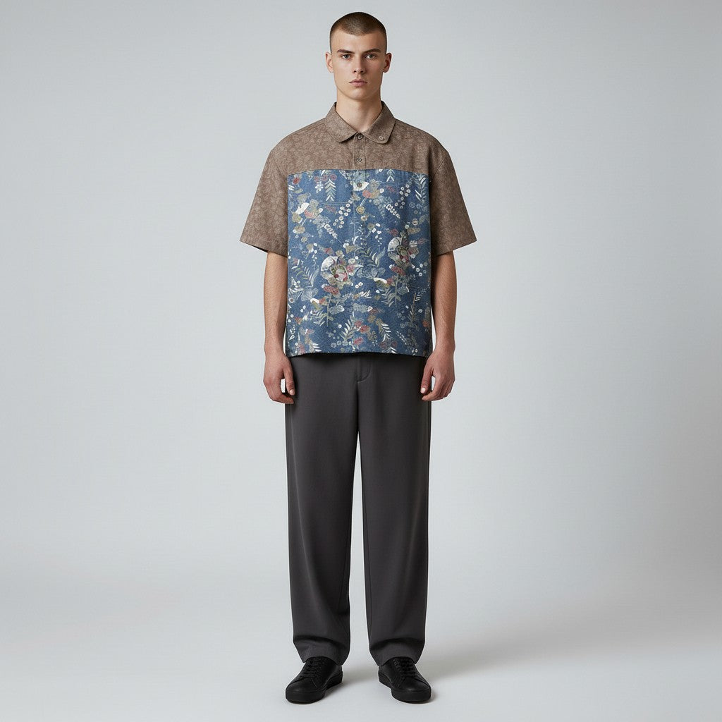 靛蓝色小图案优雅棕色丝绸衬衫