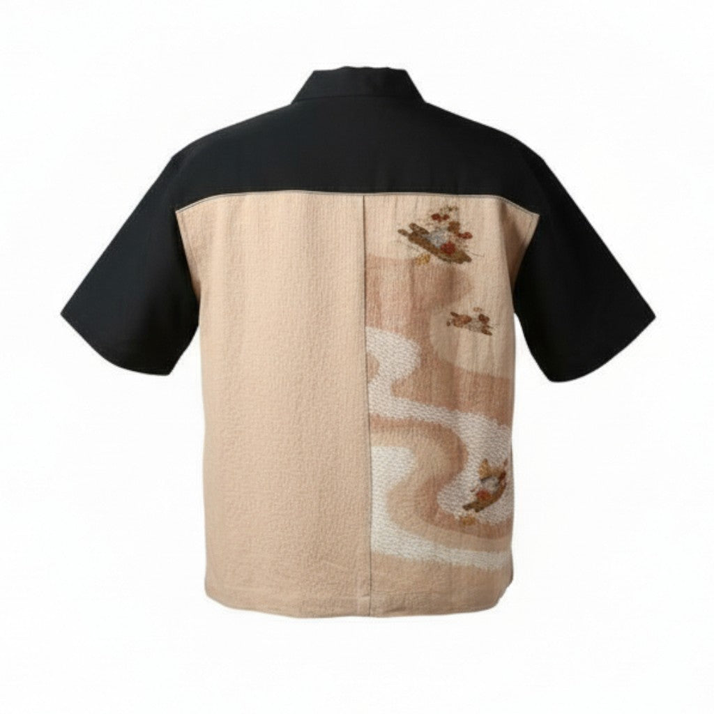 A habutae silk shirt worn with a black formal kimono