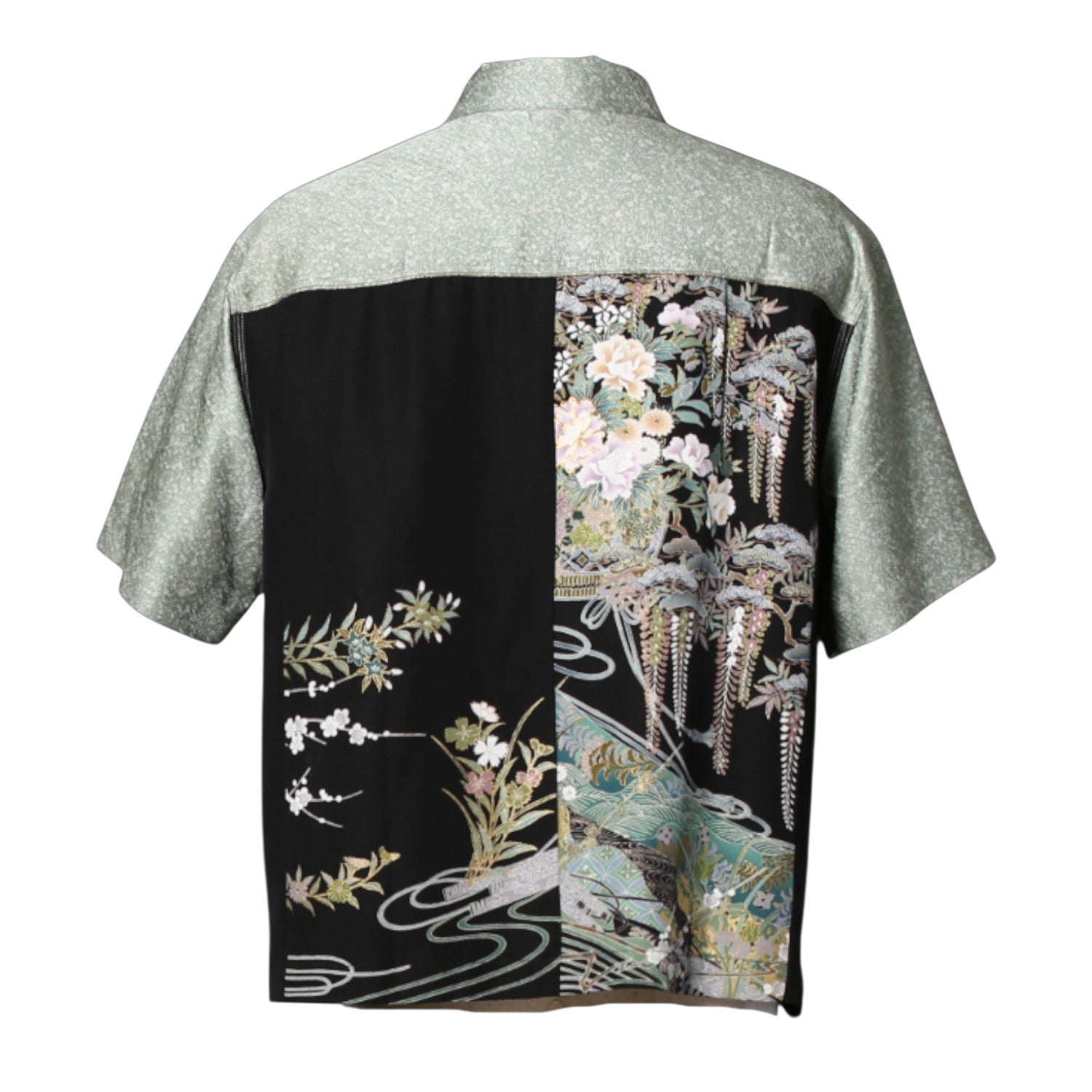 二つの着物が織りなす絞り草葉模様のシルクシャツ