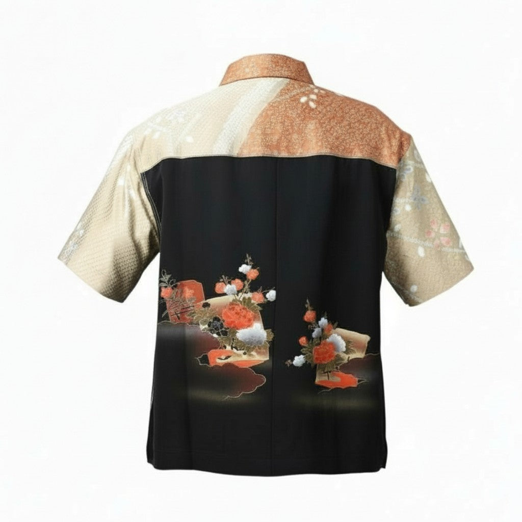 訪問着を纏う花模様のシルクシャツ