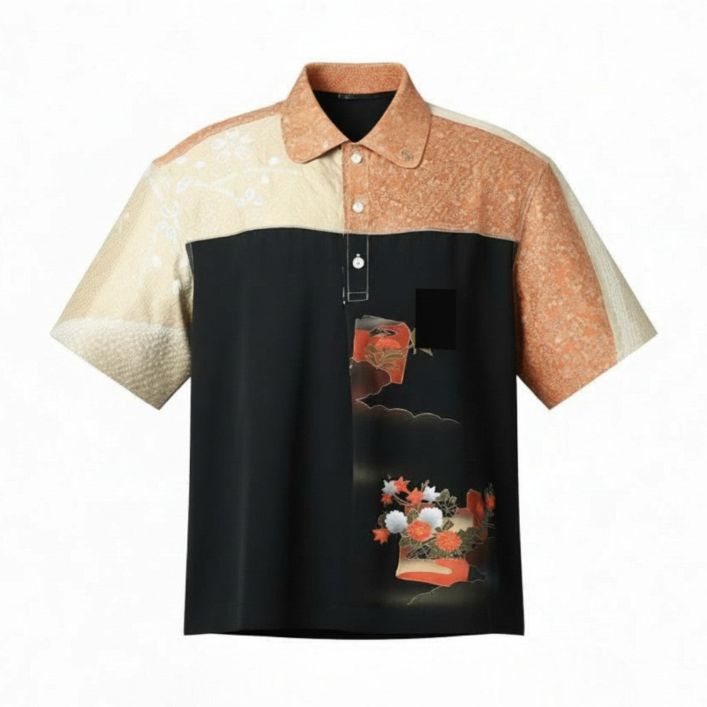 A floral silk shirt worn with a formal kimono