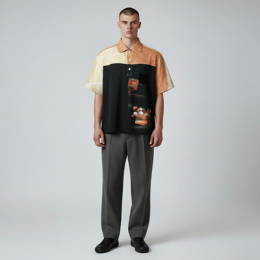 訪問着を纏う花模様のシルクシャツ