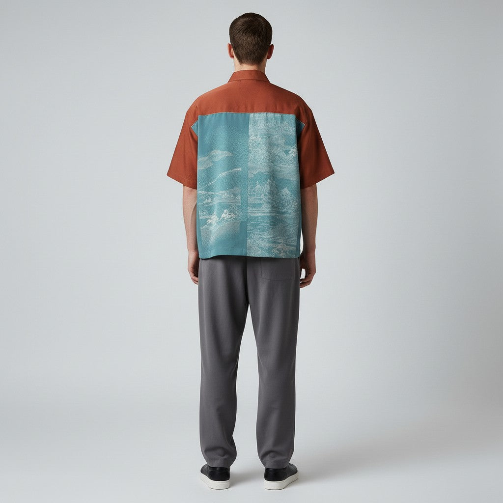 伝統美 祭風景模様のシルクシャツ