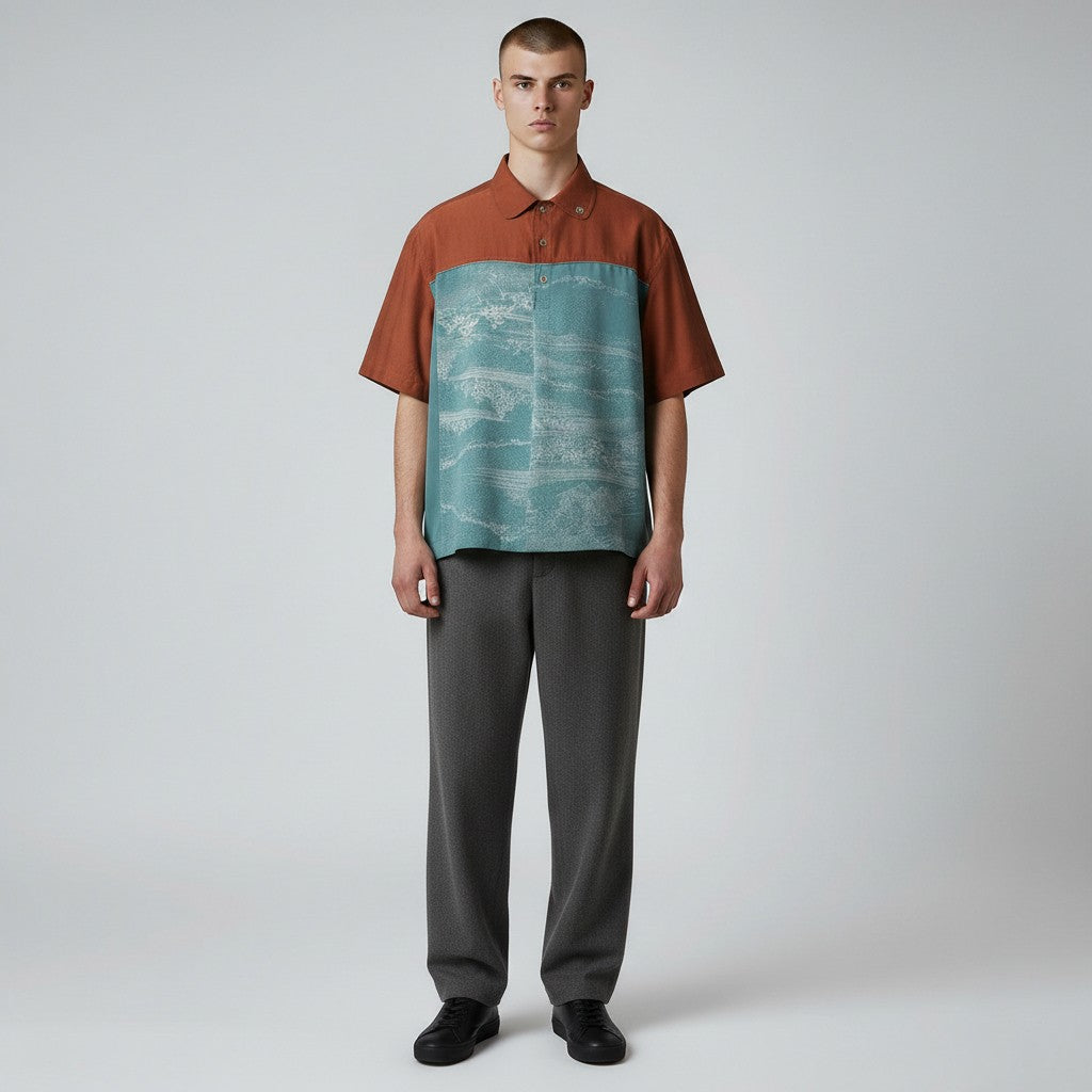 伝統美 祭風景模様のシルクシャツ