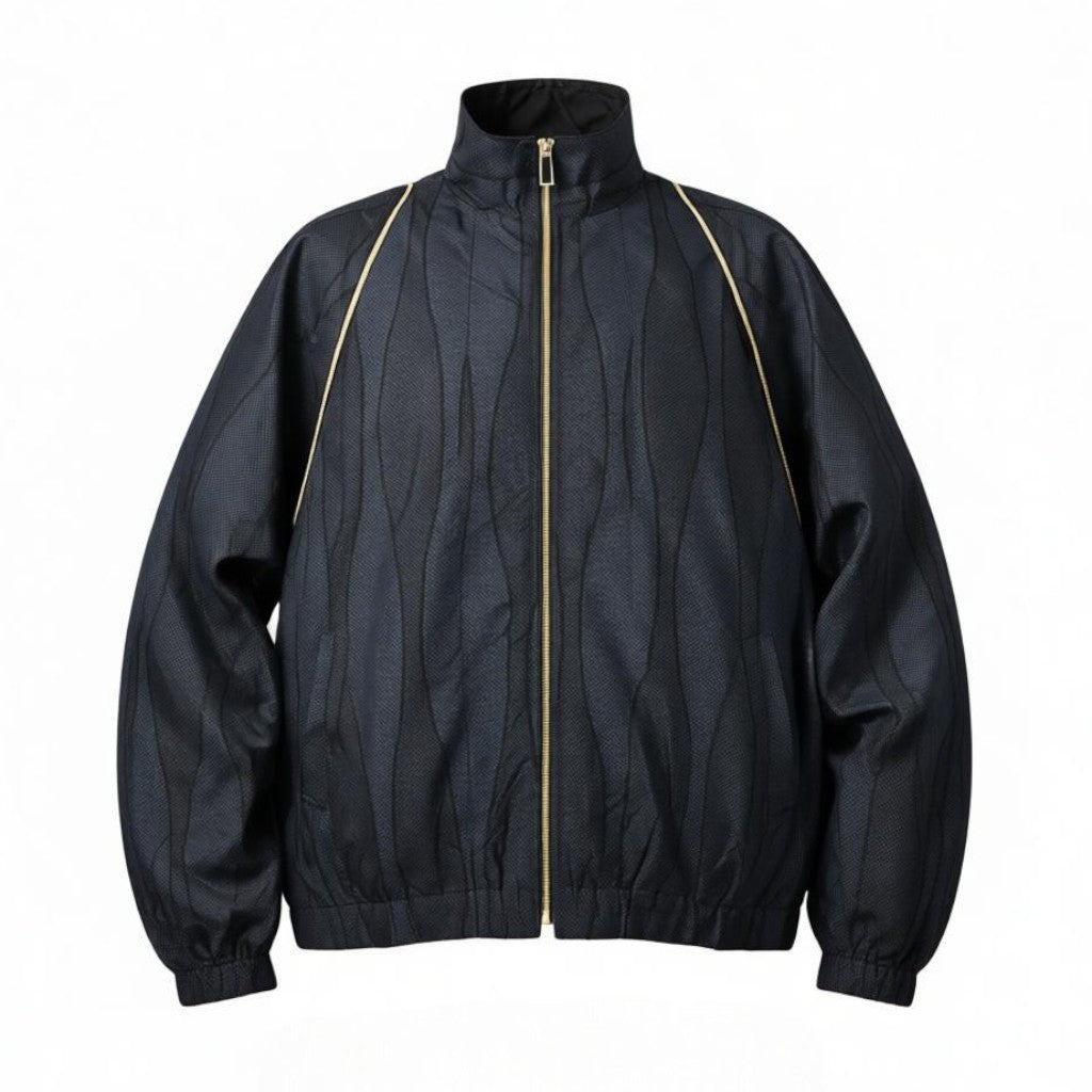 深い藍色の立涌柄ブルゾン