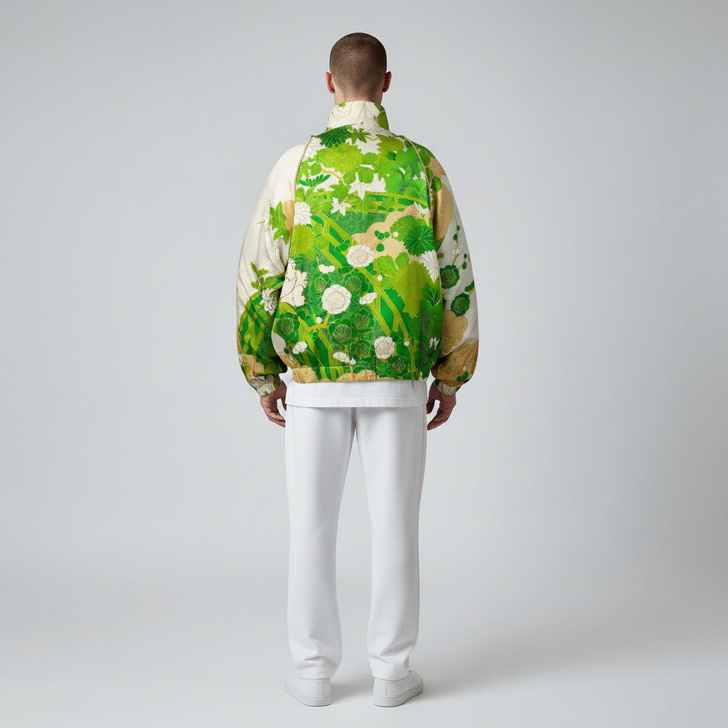 A green-toned furisode blouson jacket that exudes Japanese style