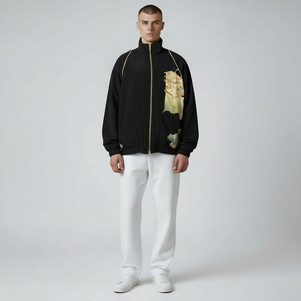 Black formal blouson jacket with gold embroidery