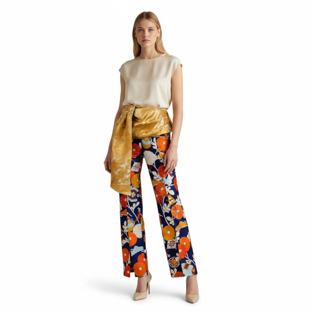 Elegant pants with gold lattice design of pine, bamboo, plum and cranes
