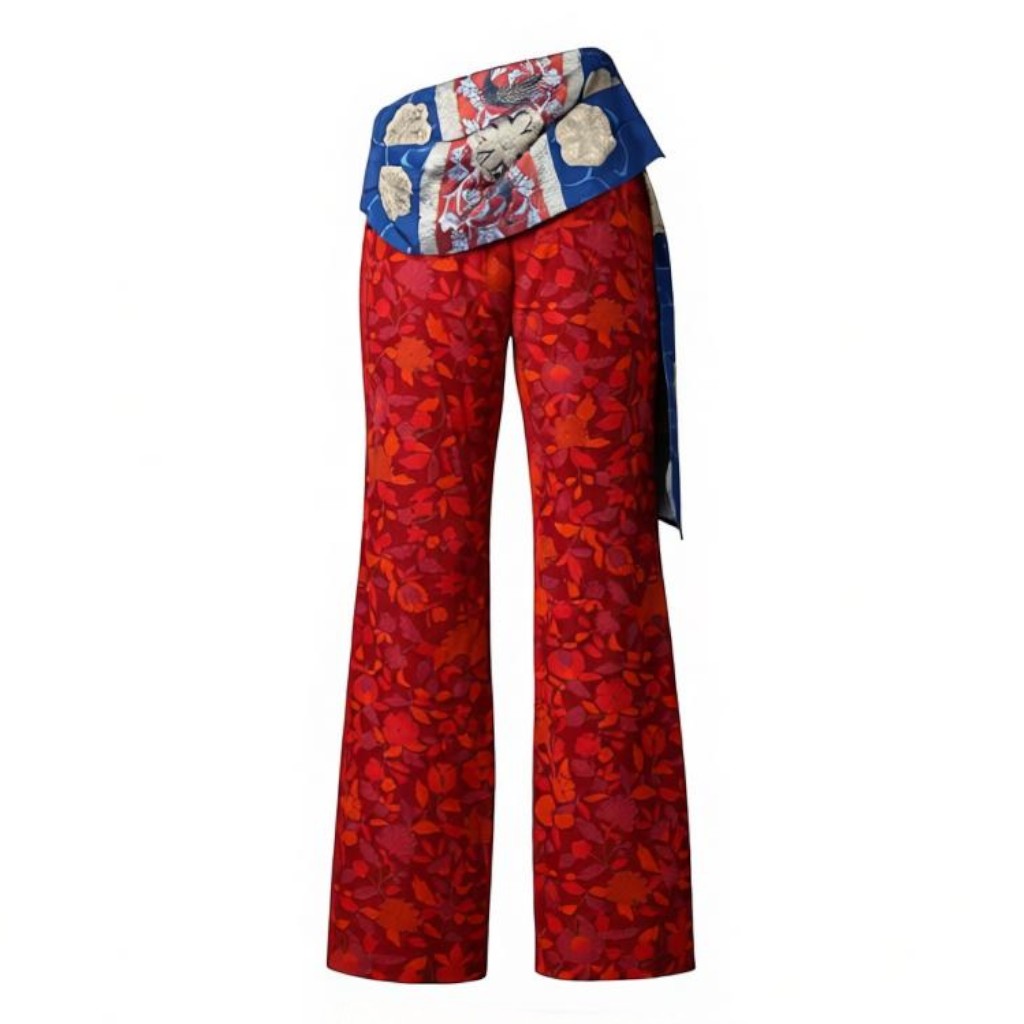 和モダン唐花模様紬と華文袋帯のパンツ