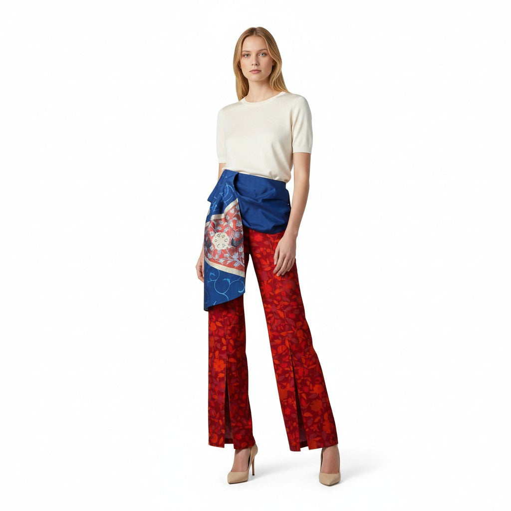 和モダン唐花模様紬と華文袋帯のパンツ