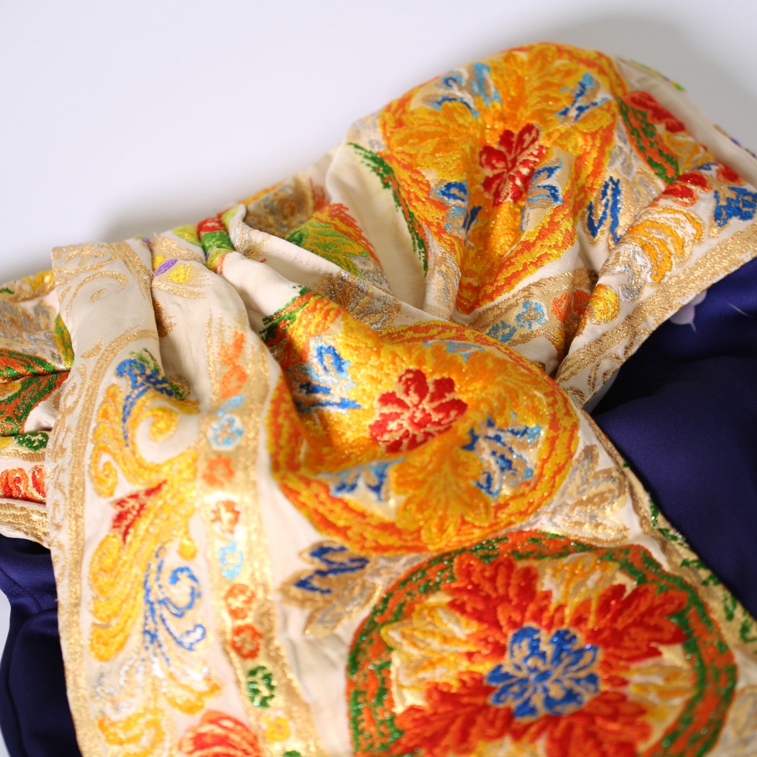 藍紫色の小紋と袋帯、和の贅沢パンツ