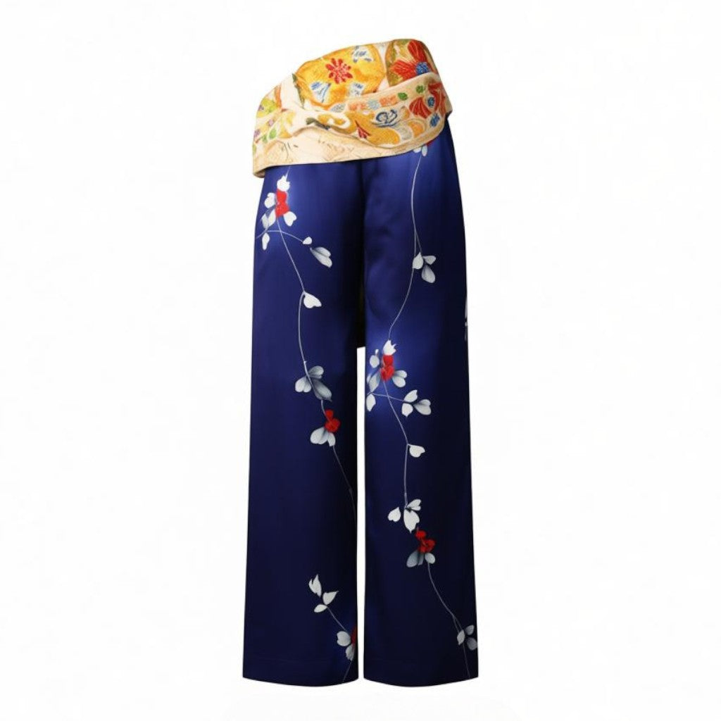 Indigo-purple komon and fukuro obi, luxurious Japanese pants