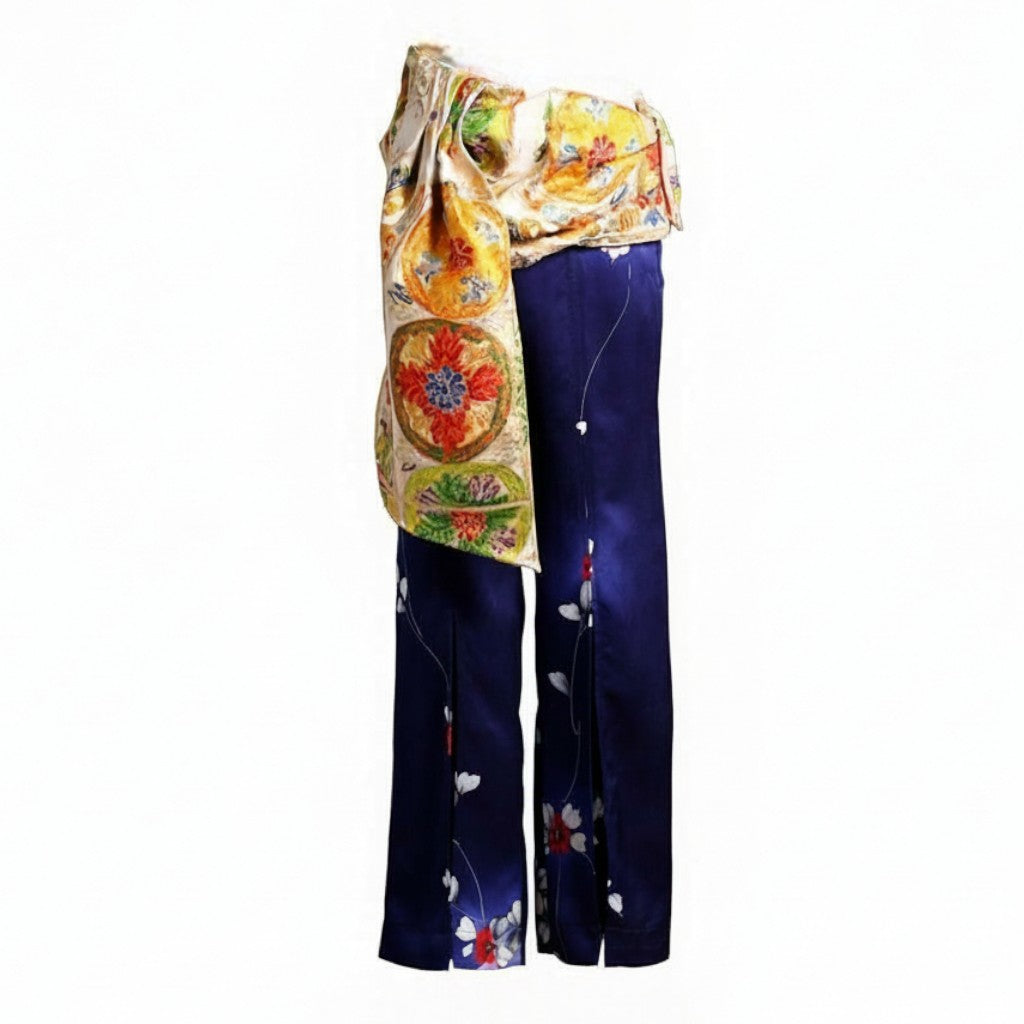 Indigo-purple komon and fukuro obi, luxurious Japanese pants
