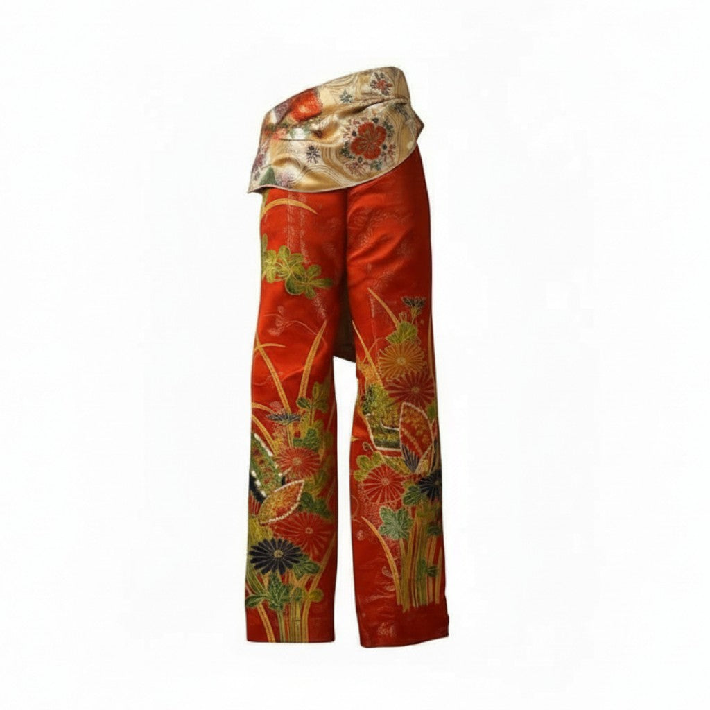 Glossy red furisode and Saga Nishiki pants