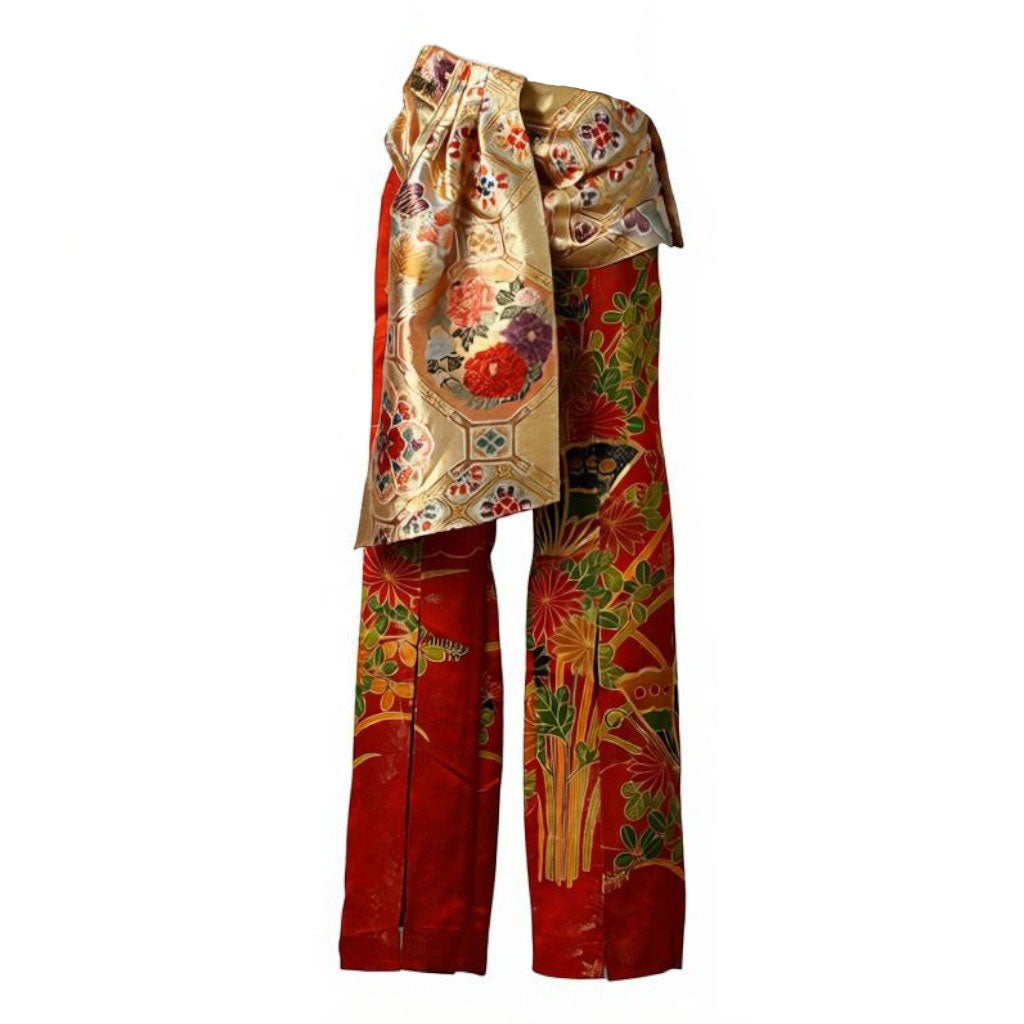 Glossy red furisode and Saga Nishiki pants