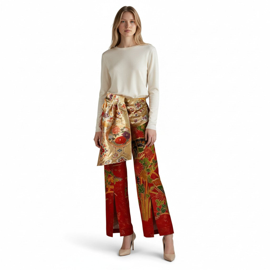 Glossy red furisode and Saga Nishiki pants