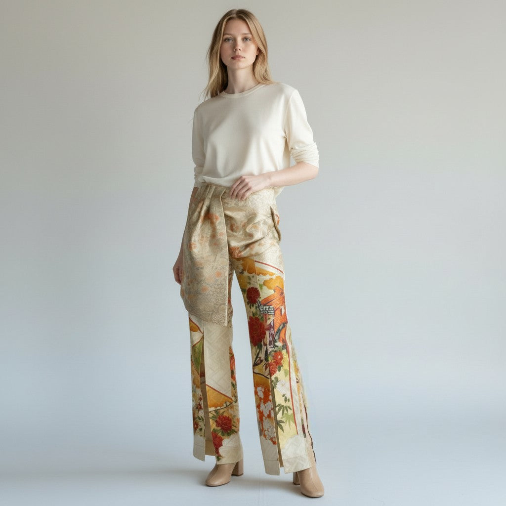 Pants with a noshi and a carriage design