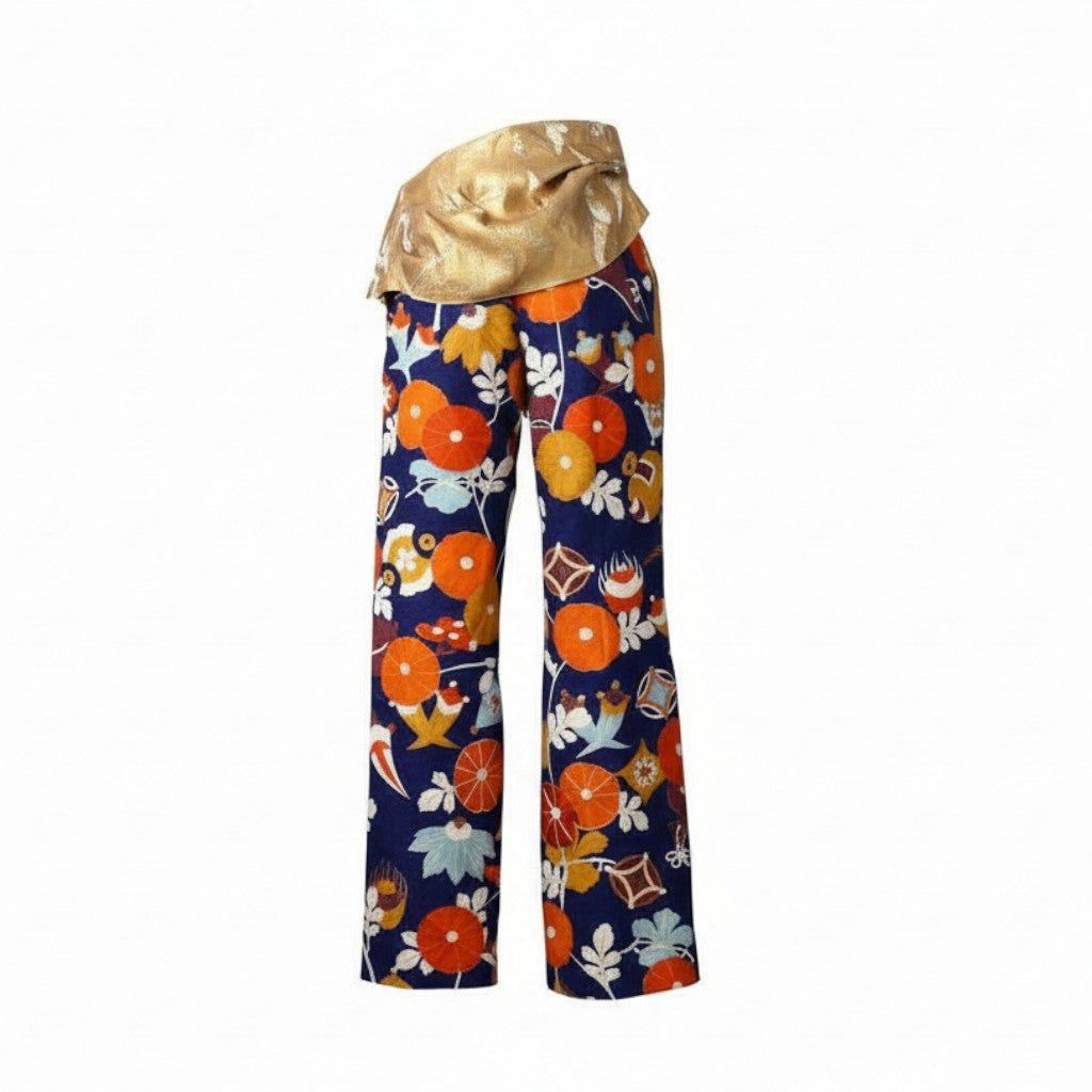 Elegant pants with gold lattice design of pine, bamboo, plum and cranes