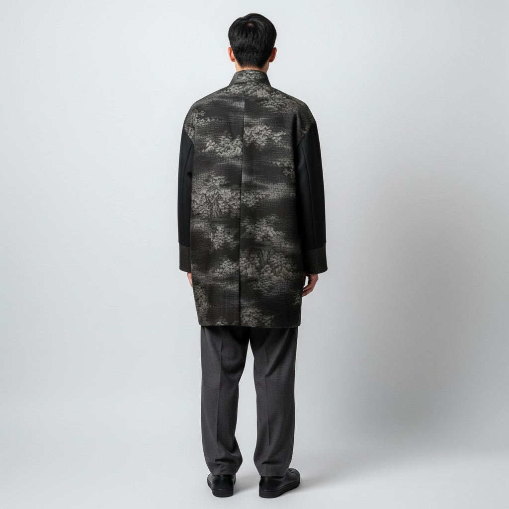 風景模様 紬のシンプルモダンコート