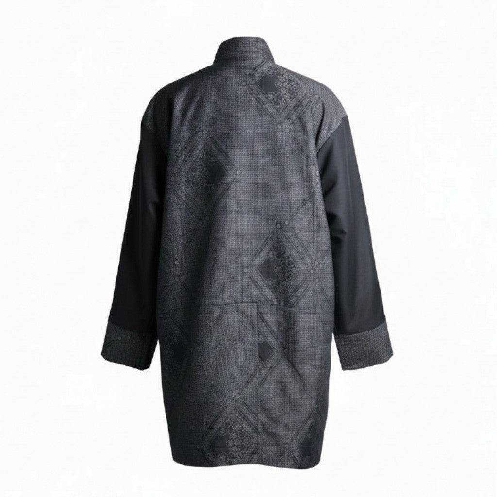 A glossy haori coat made from authentic Yuki Tsumugi silk