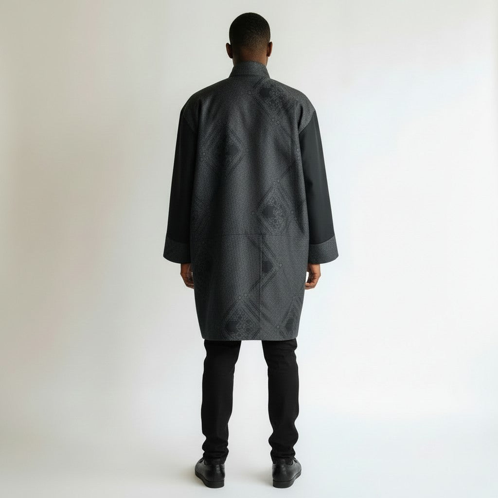 A glossy haori coat made from authentic Yuki Tsumugi silk