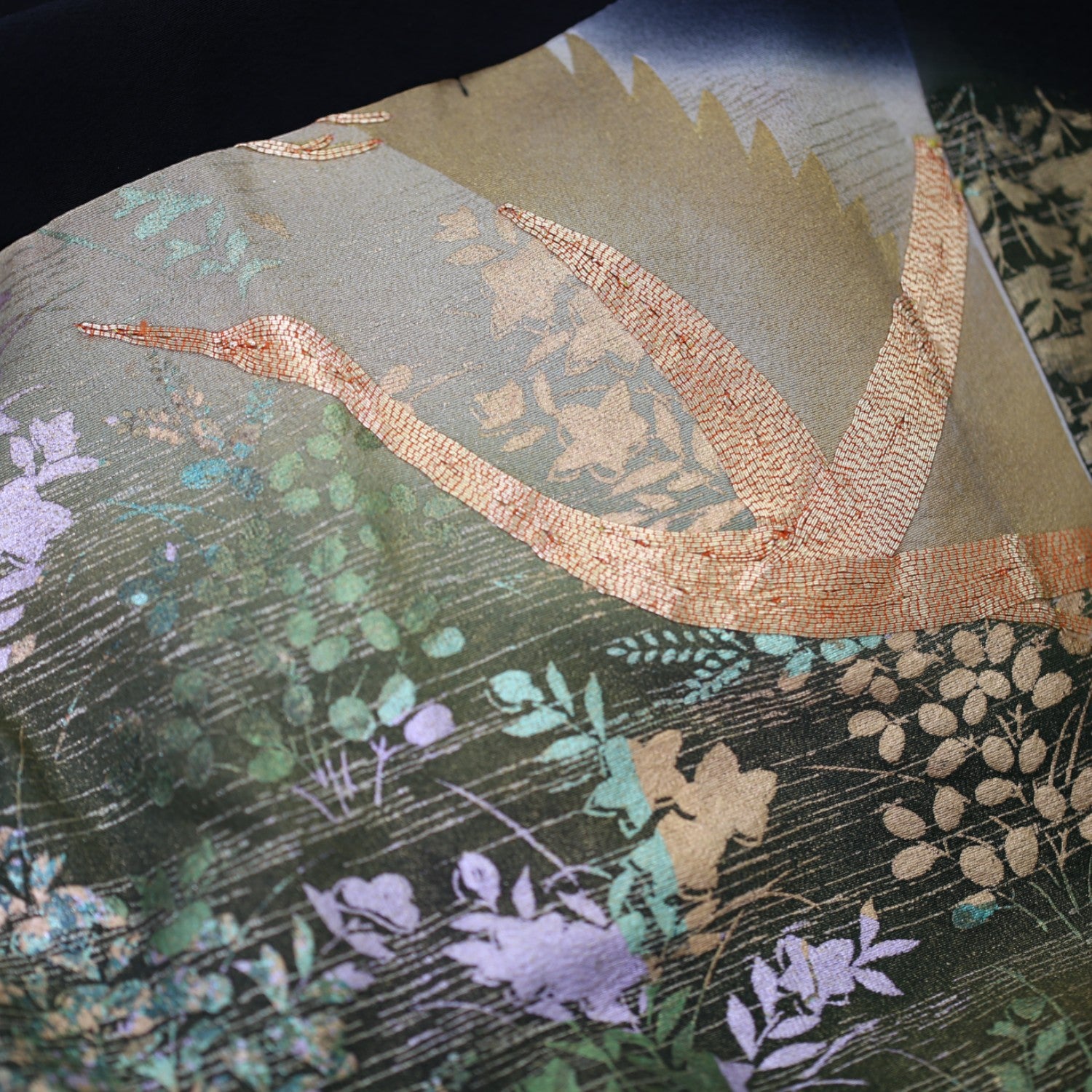 Jet black crane embroidered coat