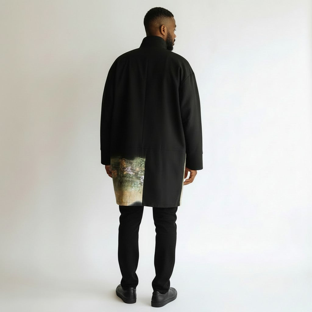 Jet black crane embroidered coat