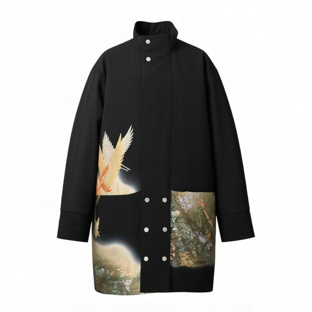 Jet black crane embroidered coat