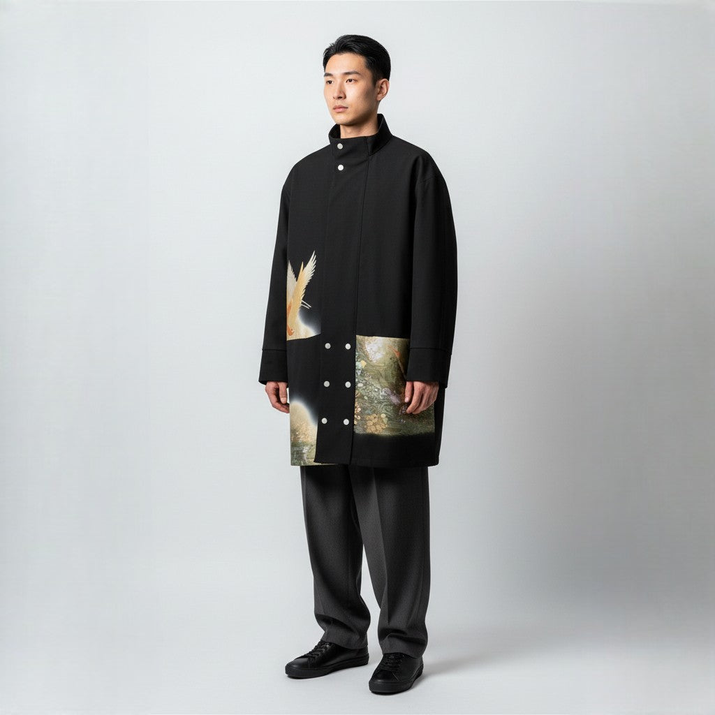 漆黒の鶴刺繍コート