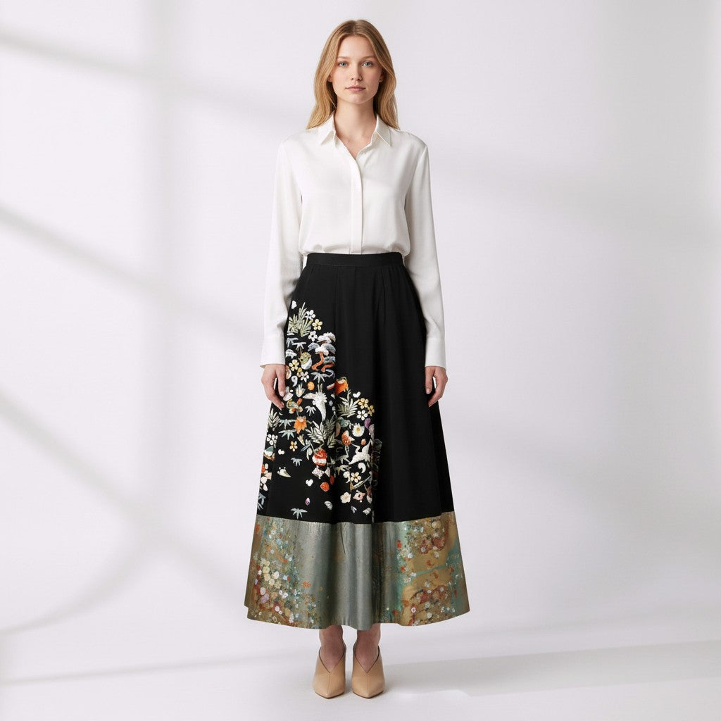 A timeless, lustrous gold-painted skirt