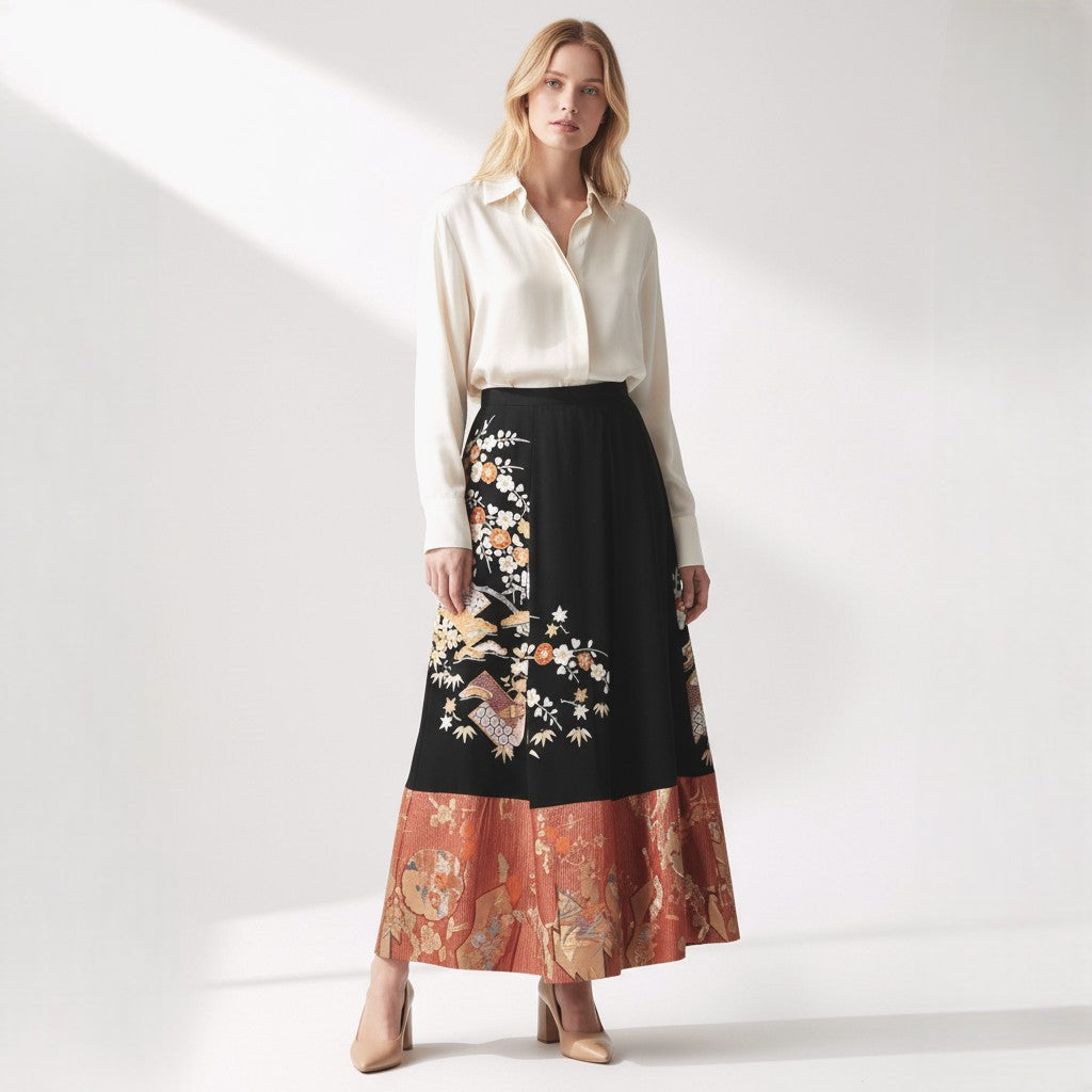 Black Tomesode and Matsukawabishi Pattern Japanese Modern Skirt