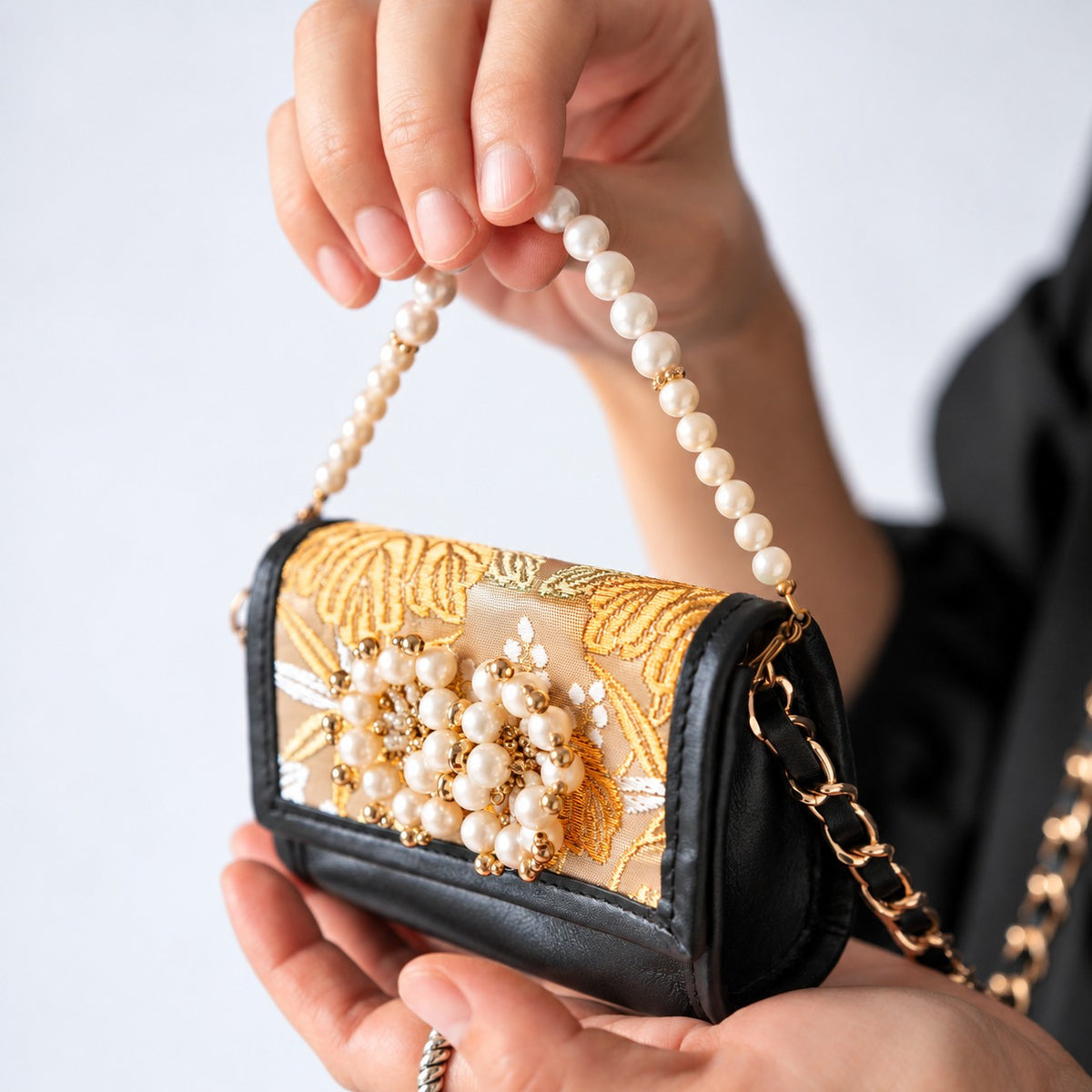"Ichimatsu Phoenix" obi and pearl micro bag