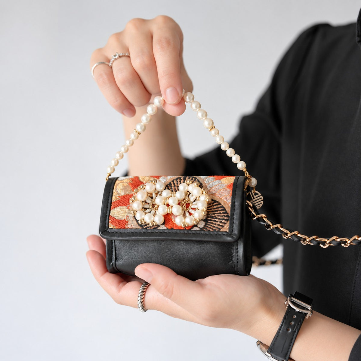 "Kikubun Kikkou" obi and akoya pearl micro bag