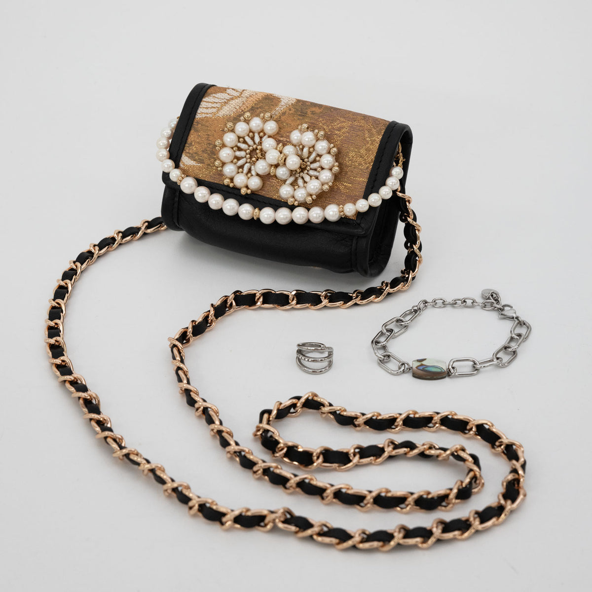 "Cranes, Pine, Bamboo, and Plum" Gold Leaf Obi Micro Bag