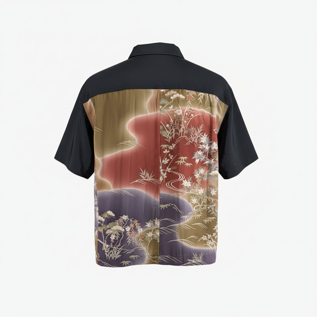 黑羽二重绸和紫色刺绣访问和服绸衬衫