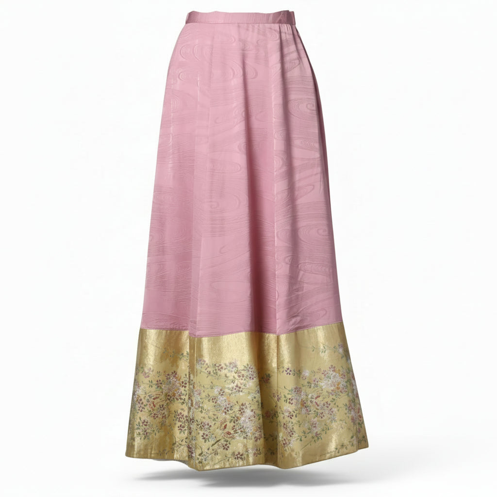 A pink skirt with weeping cherry blossoms and butterflies dancing
