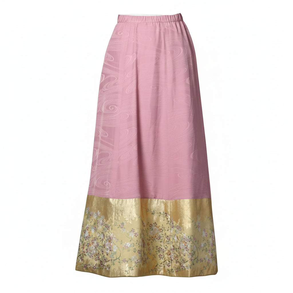 A pink skirt with weeping cherry blossoms and butterflies dancing