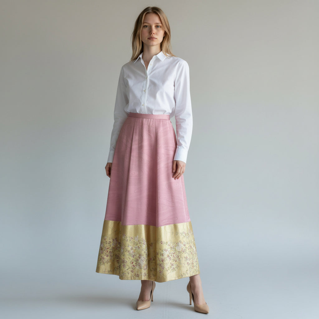 A pink skirt with weeping cherry blossoms and butterflies dancing