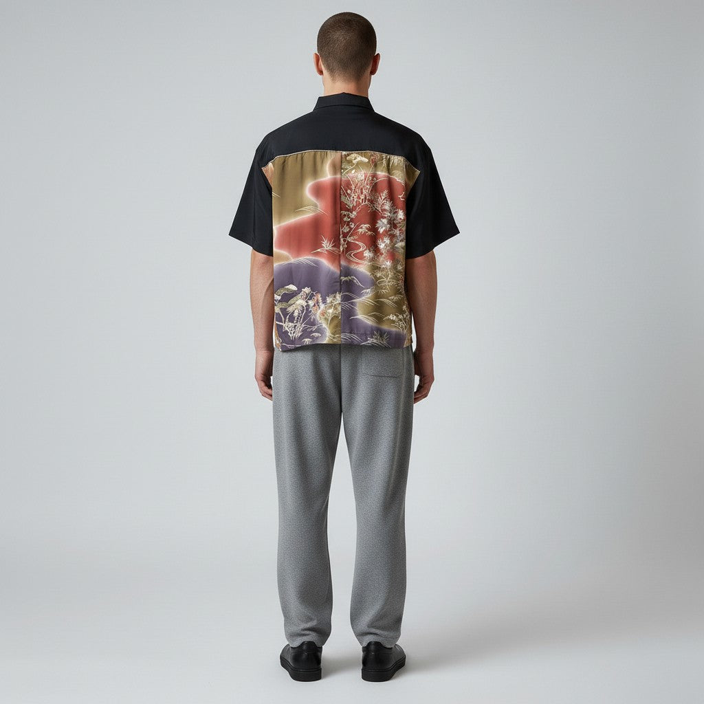 黒羽二重と紫刺繍訪問着のシルクシャツ