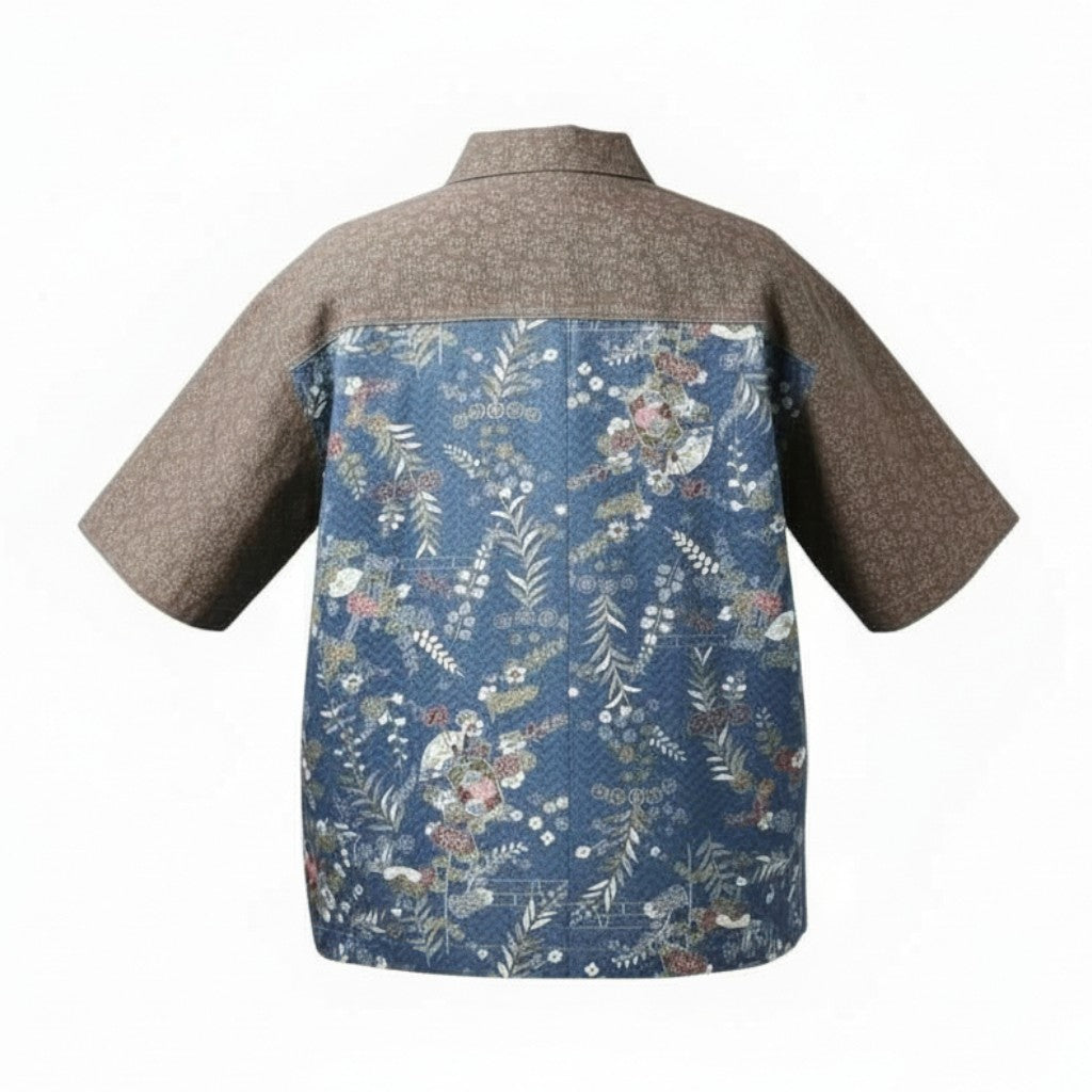 藍色小紋と上品な茶生地の正絹シャツ