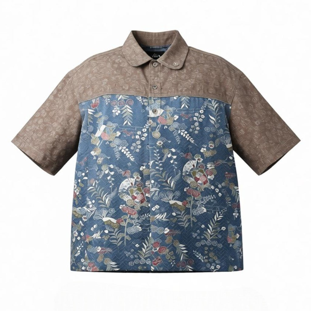 藍色小紋と上品な茶生地の正絹シャツ