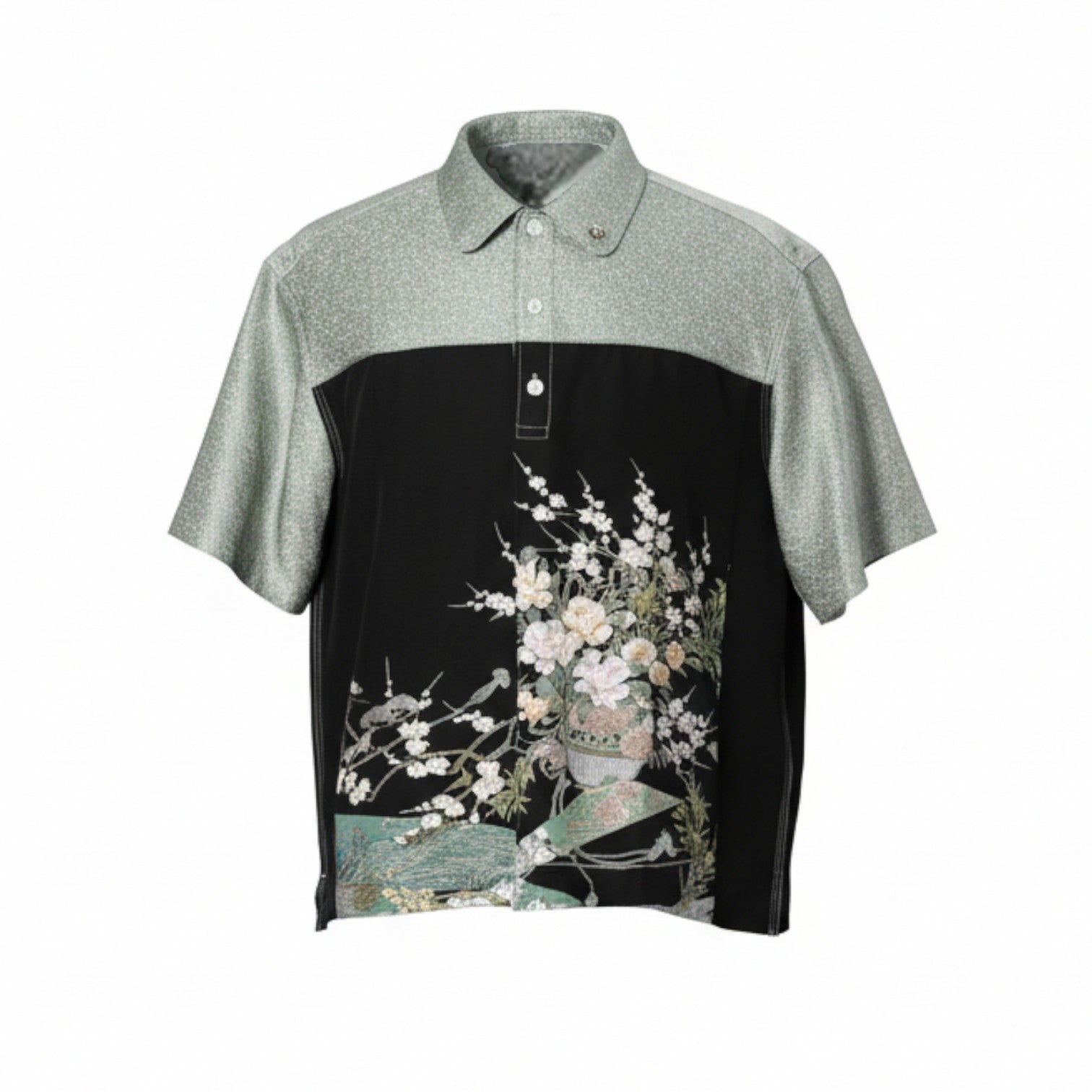 二つの着物が織りなす絞り草葉模様のシルクシャツ