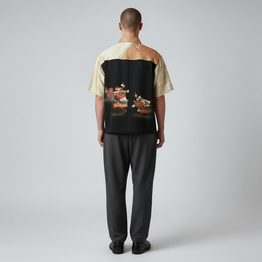 訪問着を纏う花模様のシルクシャツ