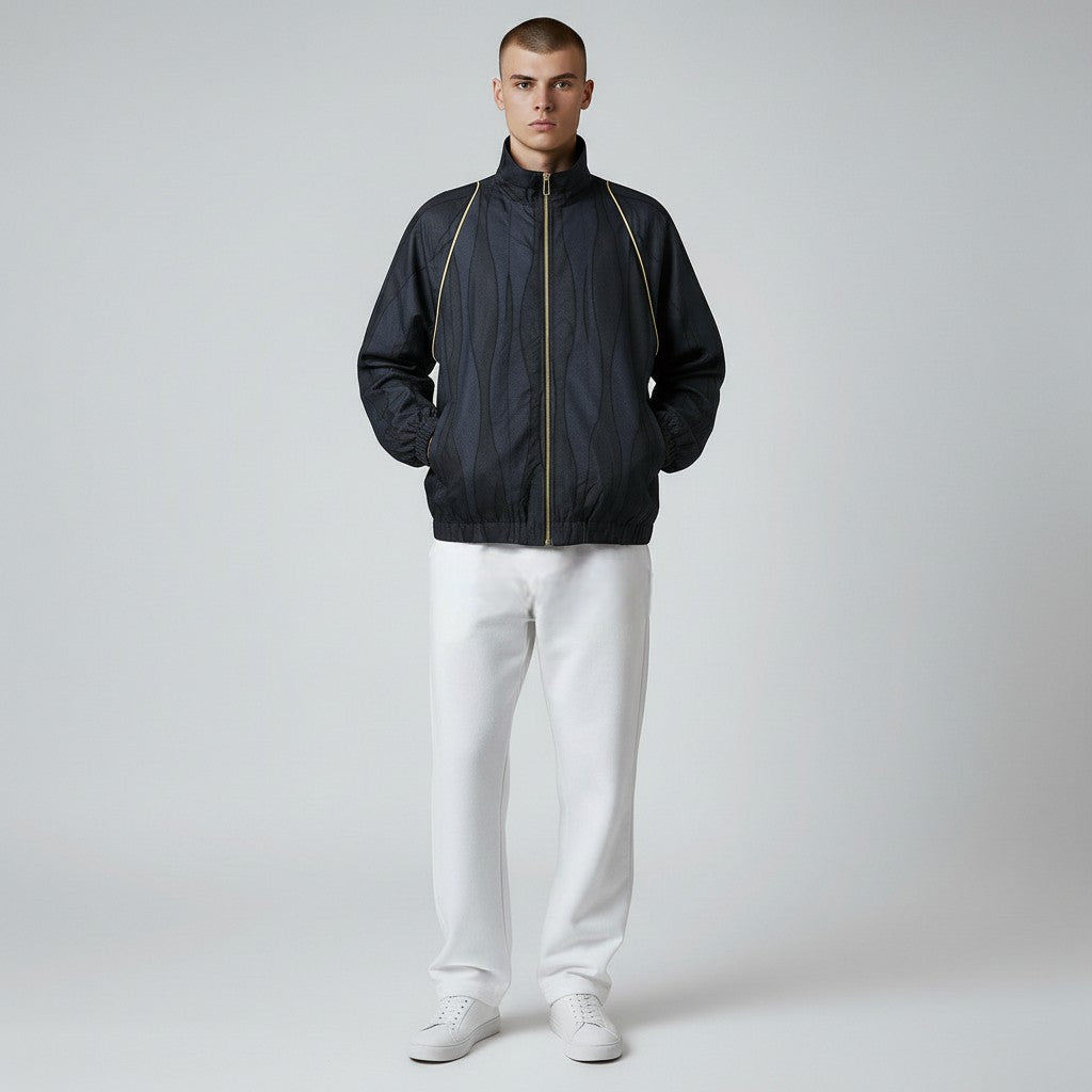 深い藍色の立涌柄ブルゾン