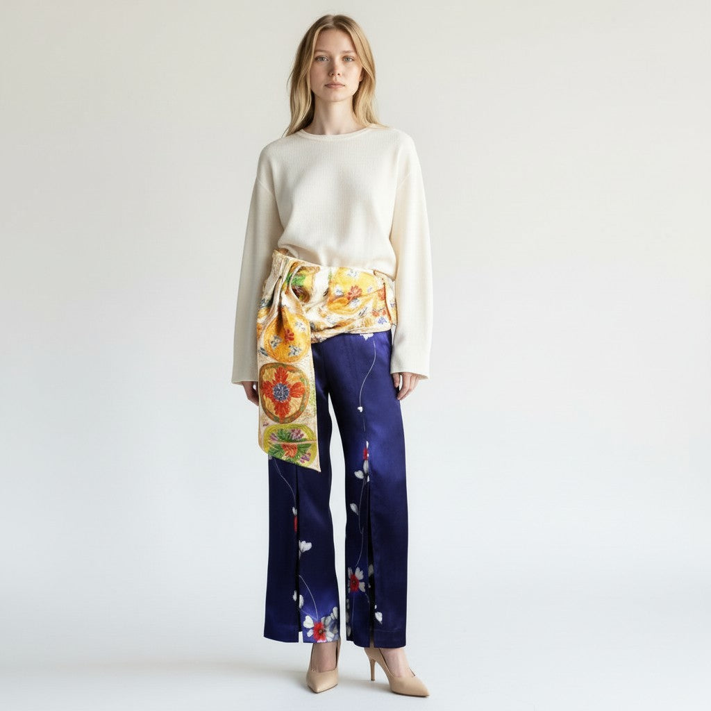 藍紫色の小紋と袋帯、和の贅沢パンツ