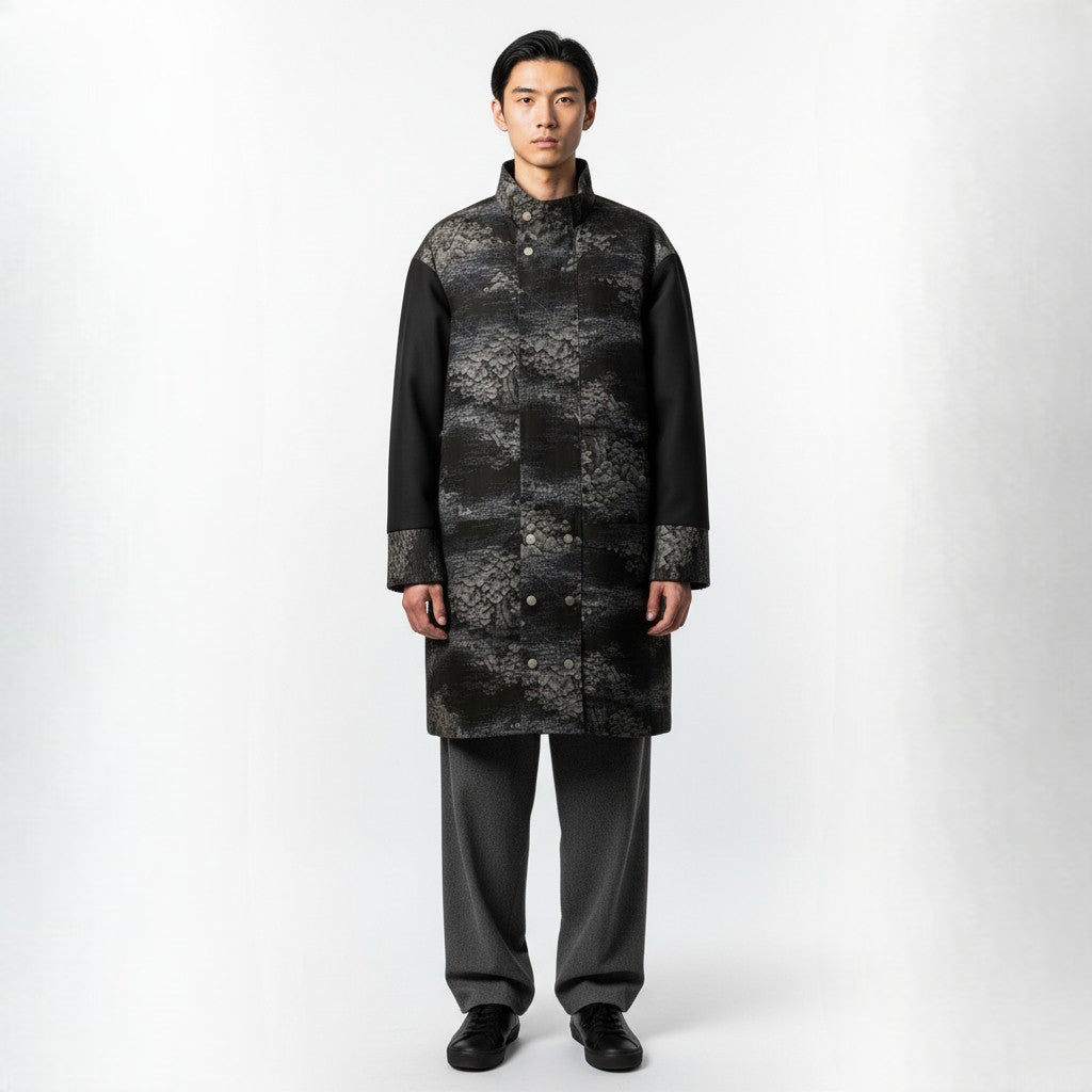 風景模様 紬のシンプルモダンコート
