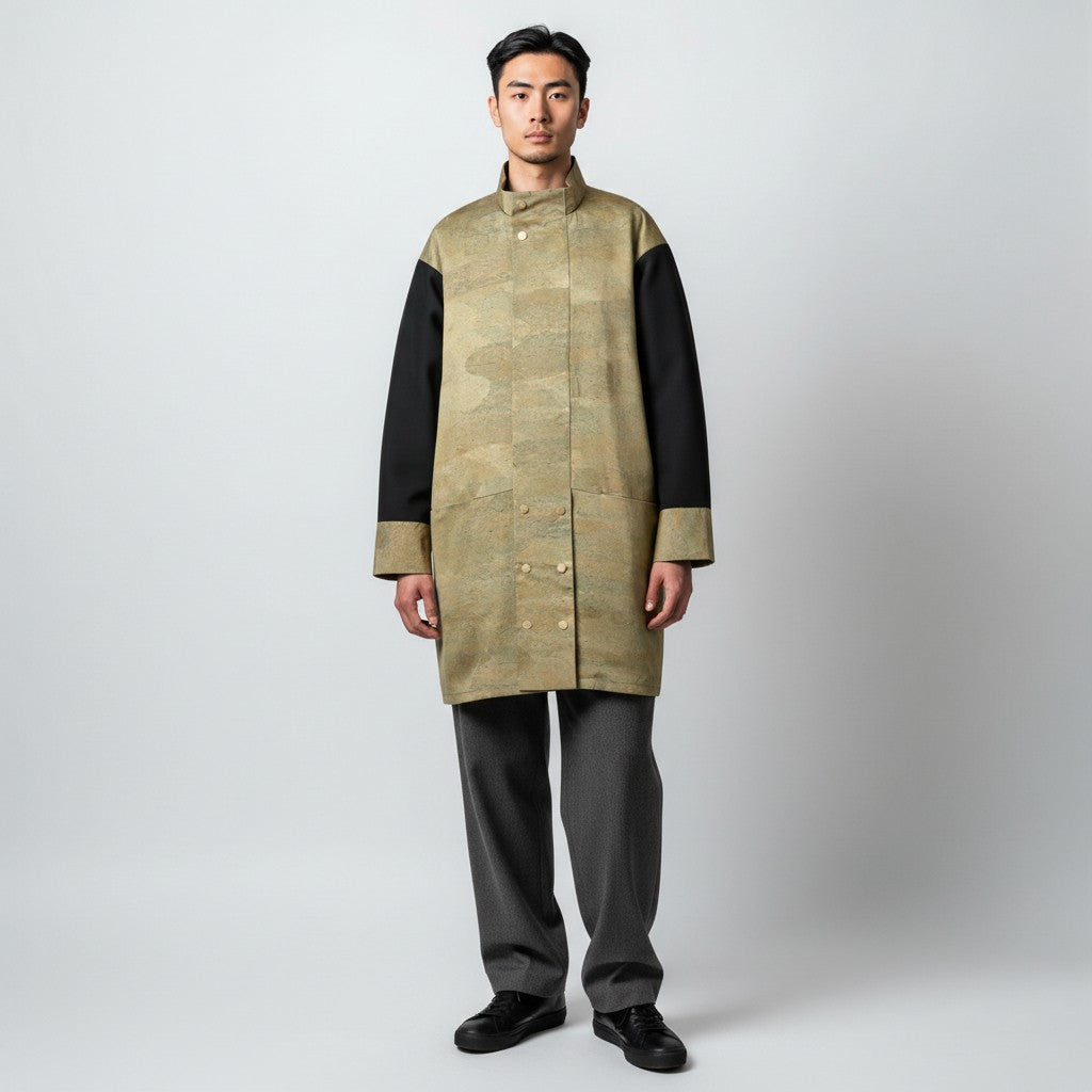 霞模様の黒袖モードコート